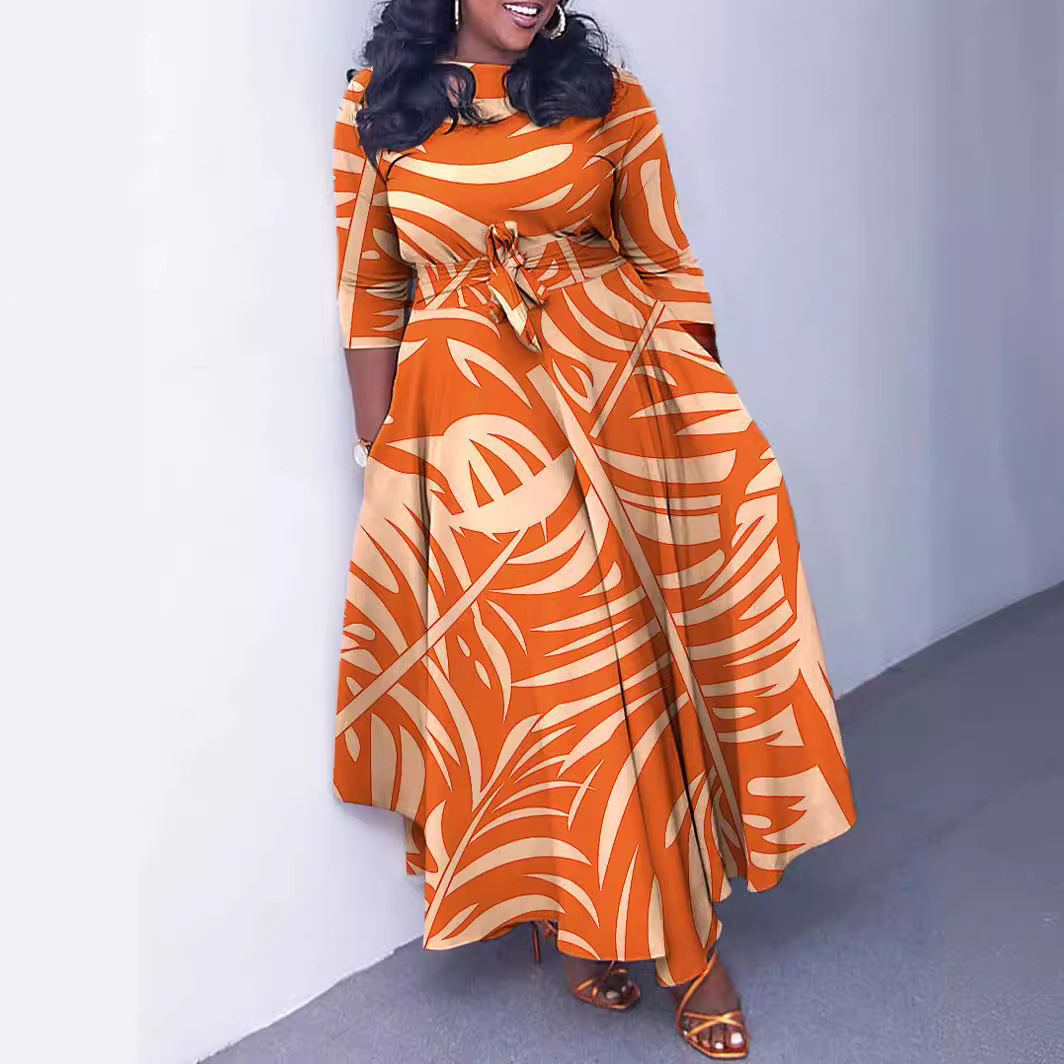 African popular printed dress african women fashion plus size dress lace-up long sleeves