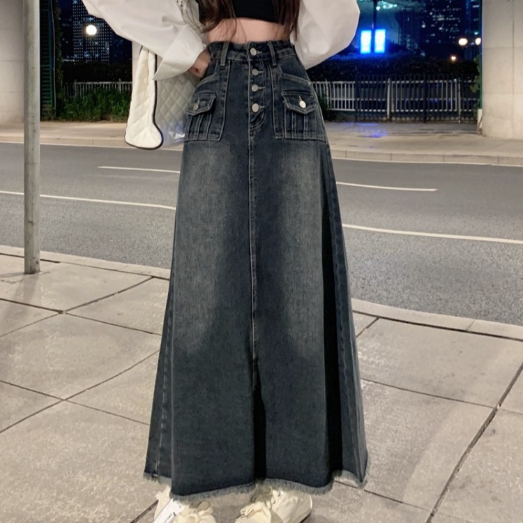 plus size chubby girl High Waist Denim Skirt Women's Autumn and Winter New Retro Design Niche A- Line Long Skirt Women