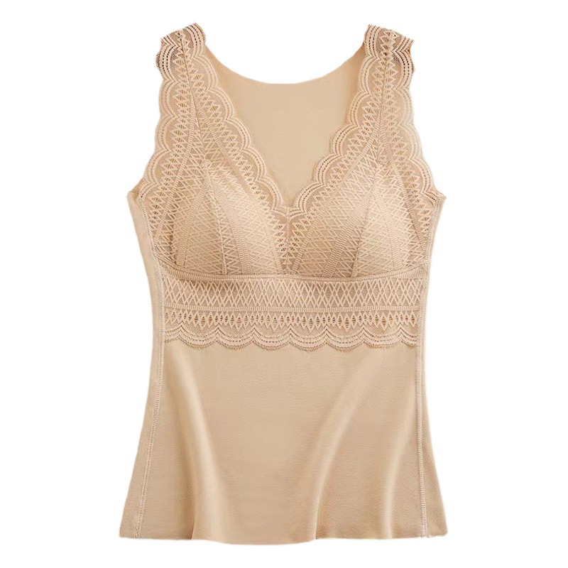 De velvet thermal vest women's V-neck lace inner base lace wear-free bra fixed one-piece thermal underwear women