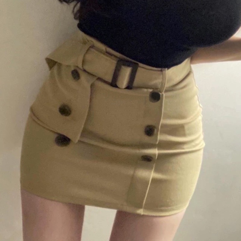 South Korea Dongdaemun new casual hot girl sexy short skirt women's artificial hip belt double breasted skirt Women's