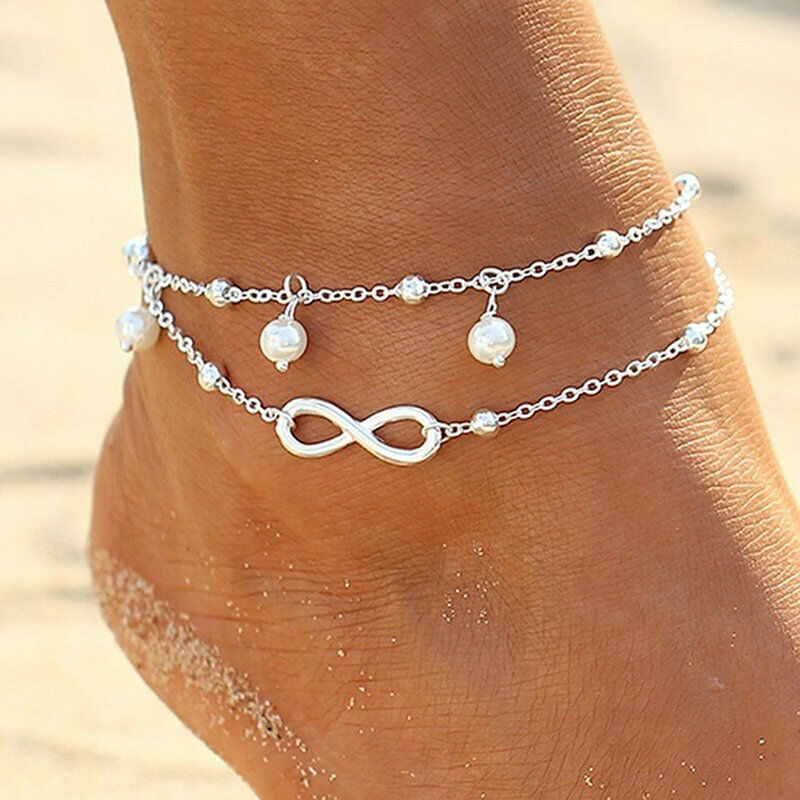 European and American Fashion Hot-Selling Double-Layer Pearl Figure-Eight Anklet Jewelry Handmade Beaded Bracelet Versatile Personality Wholesale for Women
