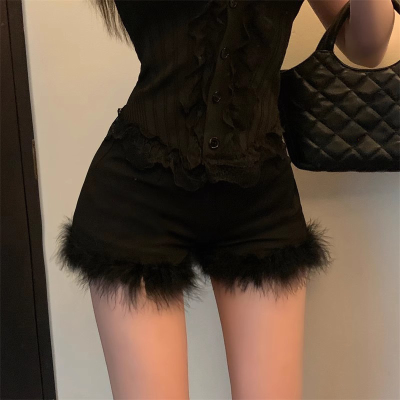 Mao Mao Stitching Black Casual Shorts Women's Spring High Waist Tight Straight Pants A- Shroud Hip Base Hot Pants