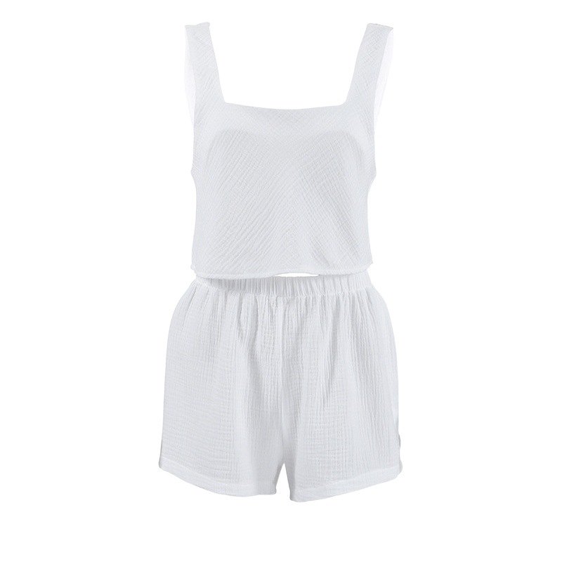2024 New European and American Crepe Cotton Pajamas Comfortable Vest Shorts Set Cross-Border Fashion Women's Home Clothing Wholesale