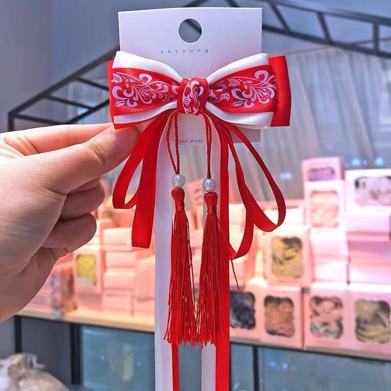 Princess Bow Hair Accessories Tassel Streamer Blue and White Porcelain Chinese Style Girls Adult Ancient Style Han Dynasty Performance Headwear