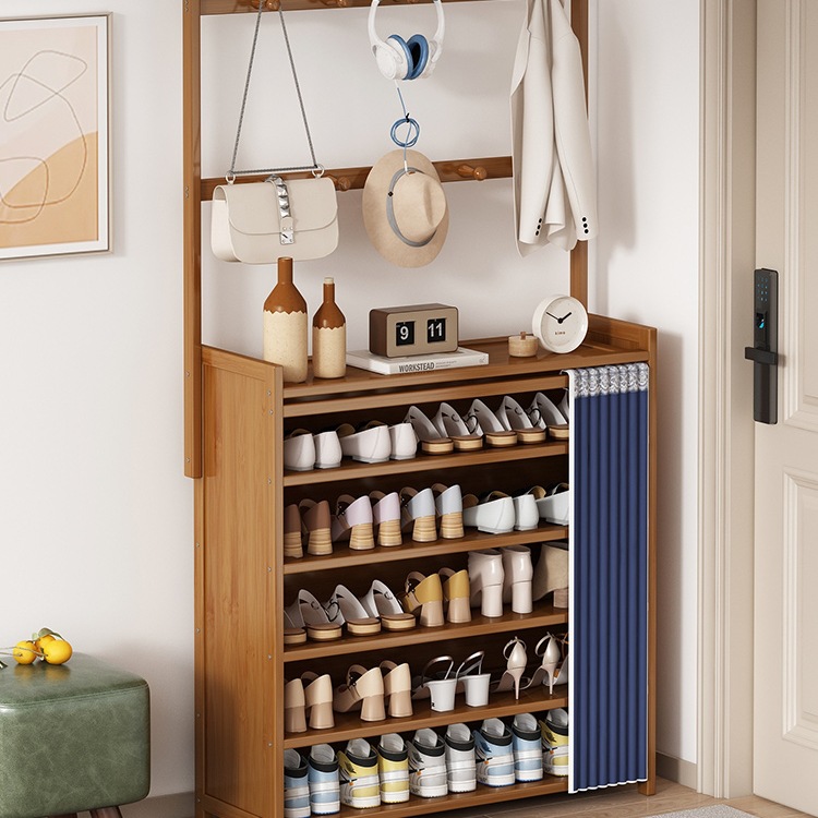 Shoe Rack for Home Entrance Multi-Layer Entry Door Shoe Cabinet Clothes Hanger Integrated Multifunctional Dustproof Storage Rack for Rental Housing