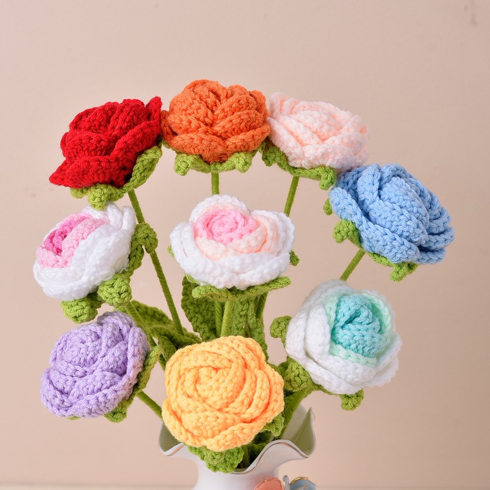 Picture of Finished Hand-Knitted Rose Artificial Flower Knitting Flower Handmade Flower DIY Wool Knitting Homemade Crochet Bouquet