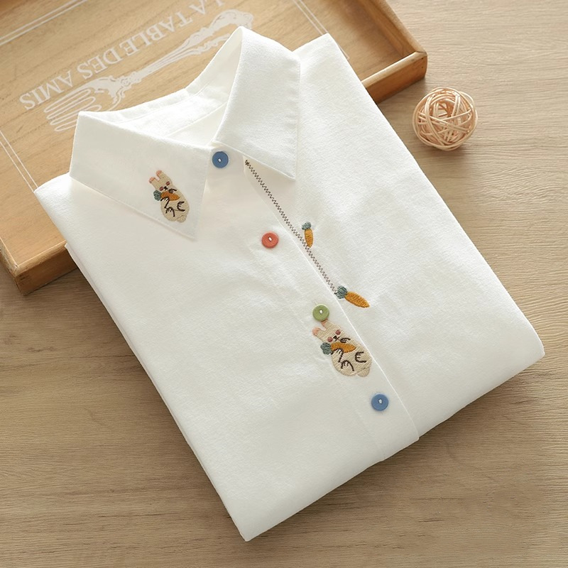 Foreign Trade Little Red Riding Book Spring New Artistic Fresh Rabbit Radish Embroidered Cotton White Shirt Women's Long Sleeve Student Pass