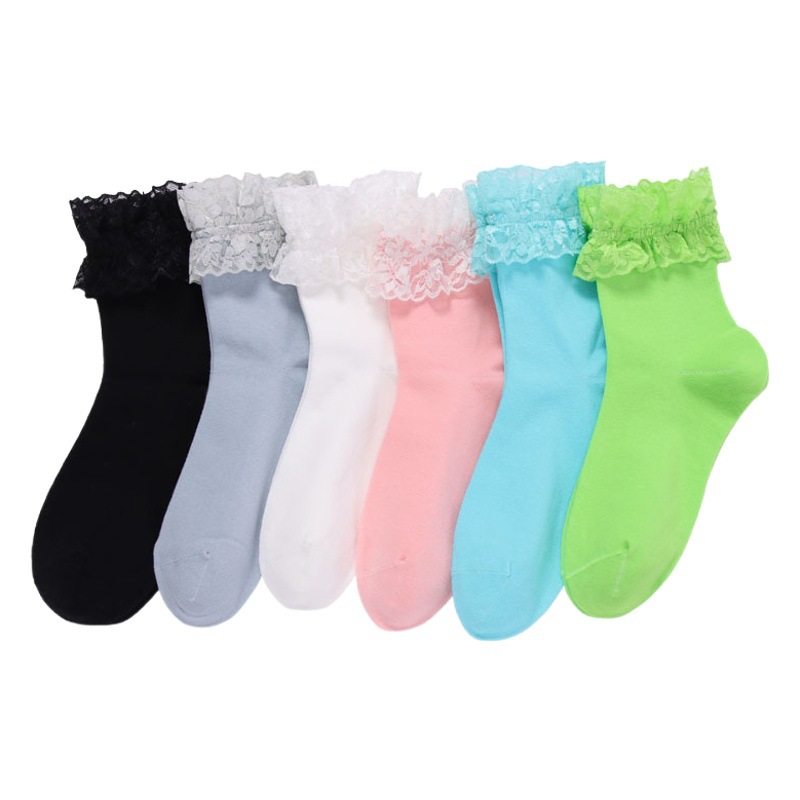 Japanese Style Girl Lace Cotton Socks Women's Socks Mid-Calf Socks Pure Color Lolita Student Socks Spring Socks Wholesale