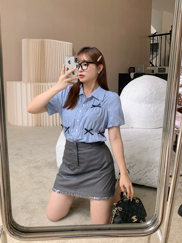 Picture of Salt Sweet Style Wear Academy Style Design Sense Bow Blue Shirt Women's Large Size Slim Shirt for Chubby Girls 62686