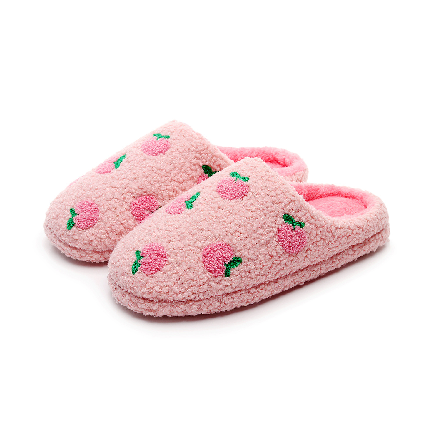 Cute Pink Fruit Cotton Slippers Peach Autumn and Winter Plush Slippers Women's Silent Indoor Warm Furry Shoes Cross-Border