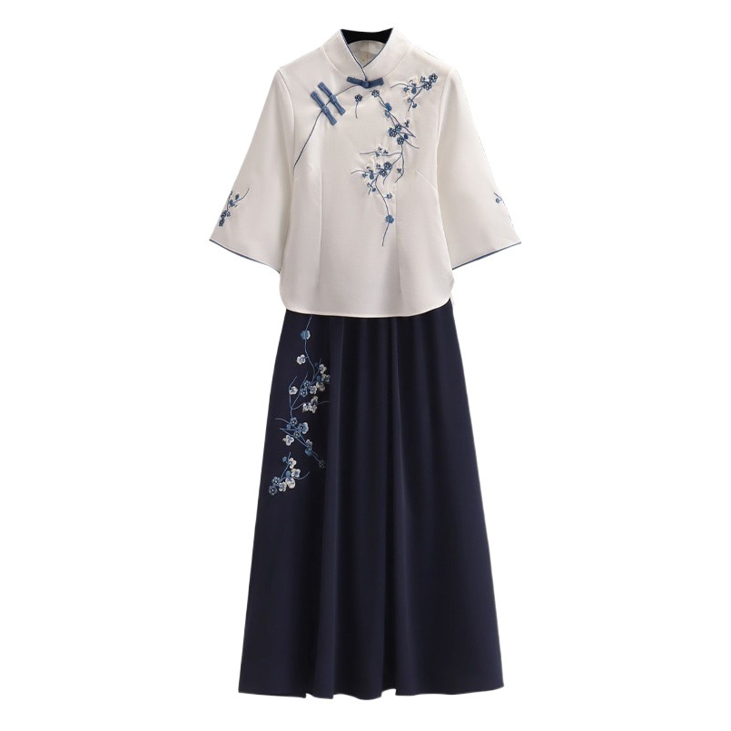 Republic of China Style Student Female Retro Autumn Embroidered Vertical Collar Buckle Chinese Zhongshan Suit Girlfriend Han Element Orchid Two-Piece Set