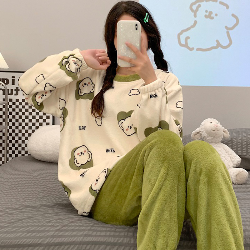 Pajamas Women's Autumn and Winter Flannel Thickened Sweet Cute Korean Coral Fleece Crewneck Pajamas Home Clothes suit