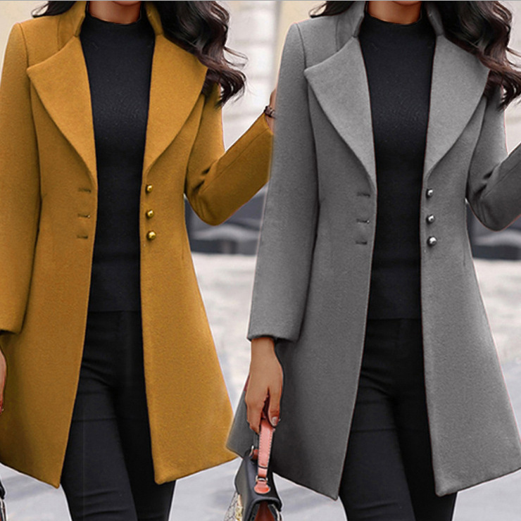 European and American Cross-border Long Laps Slim Solid Color Slim-fit Women's Woolen Coat Coat