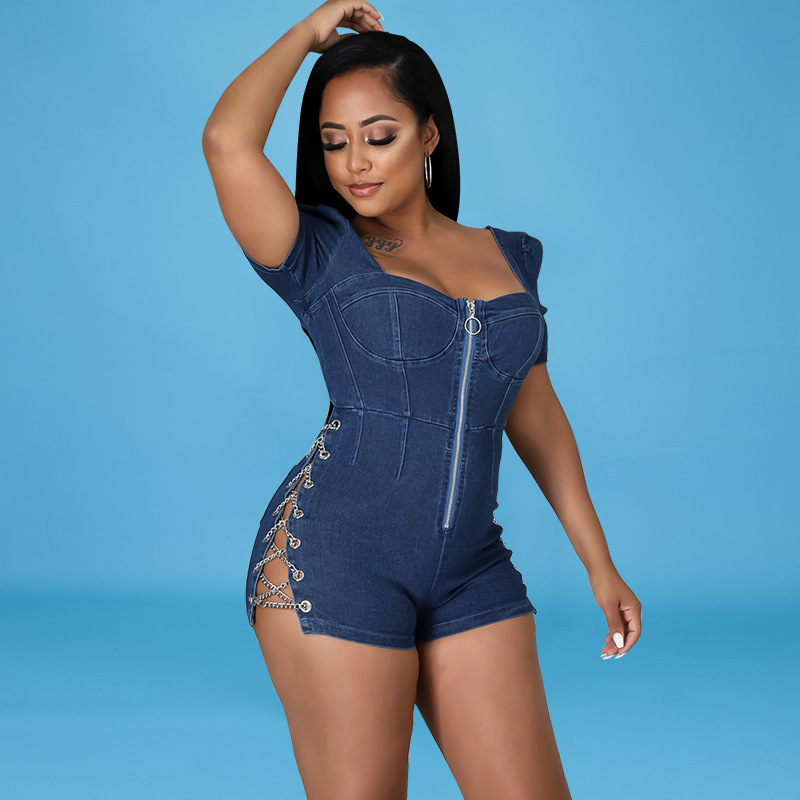 Picture of Cross-Border European and American Amazon Women's New Style Front Zipper Backless Sexy Denim Jumpsuit
