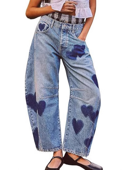 2025 Cross-Border European and American Amazon Retro Loose Straight Washed Printed Jeans for Women
