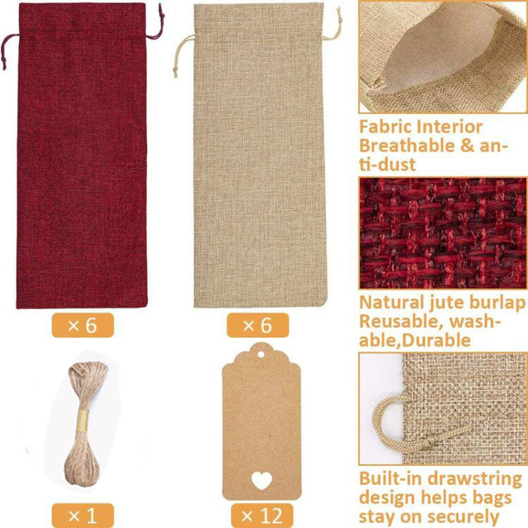 Picture of Burlap Red Wine Bags 12 Sets Burlap Wine Bag Tags Linen Red Wine Wine Packaging Drawstring Flap Pocket Pantss in Stock