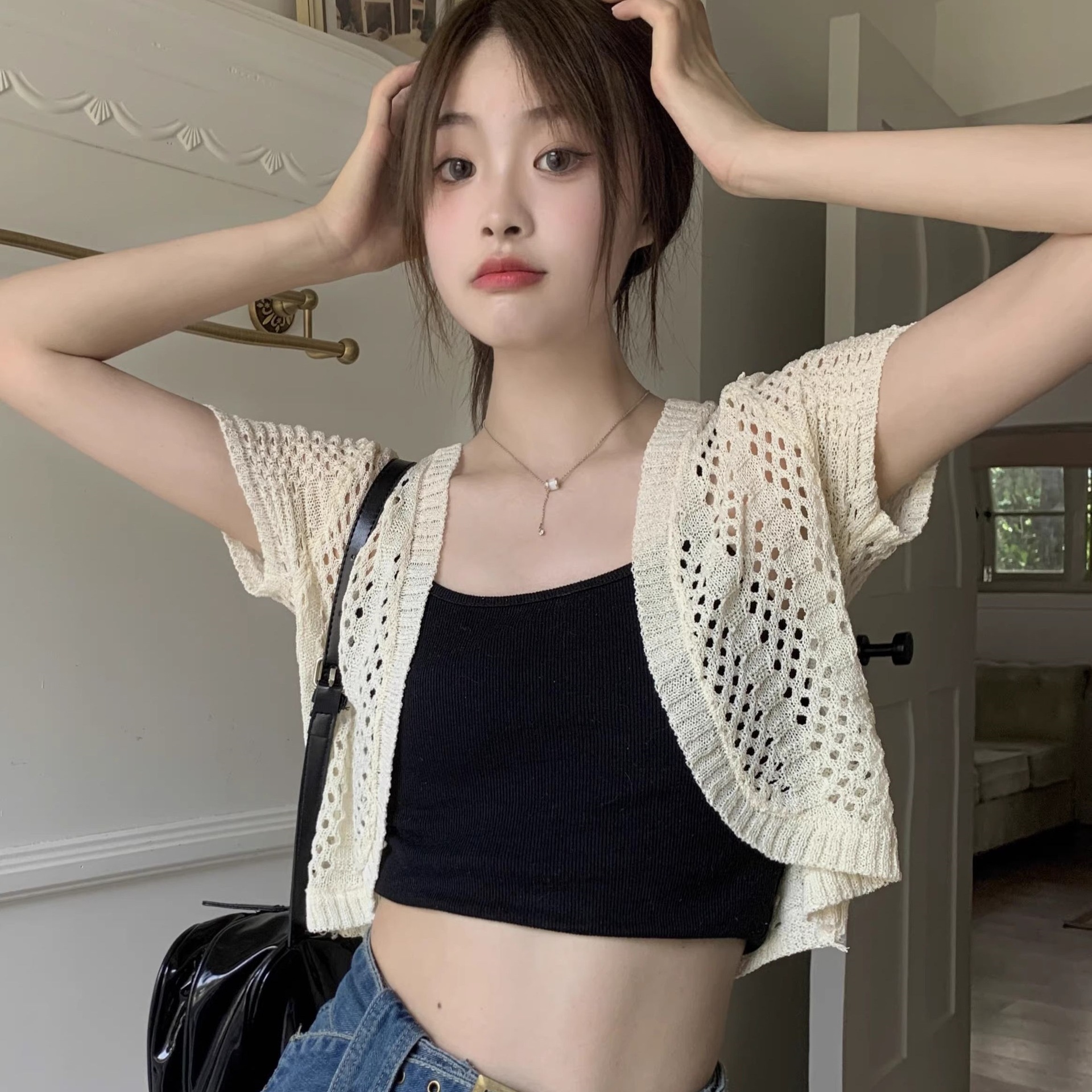 Ice silk sunscreen knitted short-sleeved cardigan women's thin summer hollow-out small waistcoat shawl