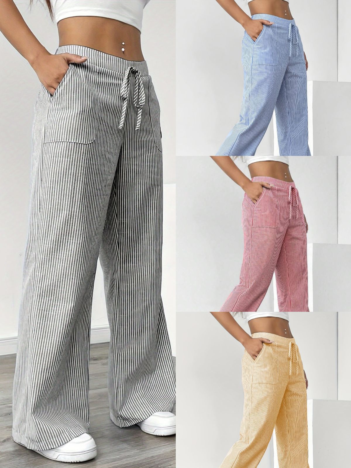 European and American Export Cross-Border 2025 Spring New Stripesd Casual Versatile Fashion Loose Pants Wide Legs for Women