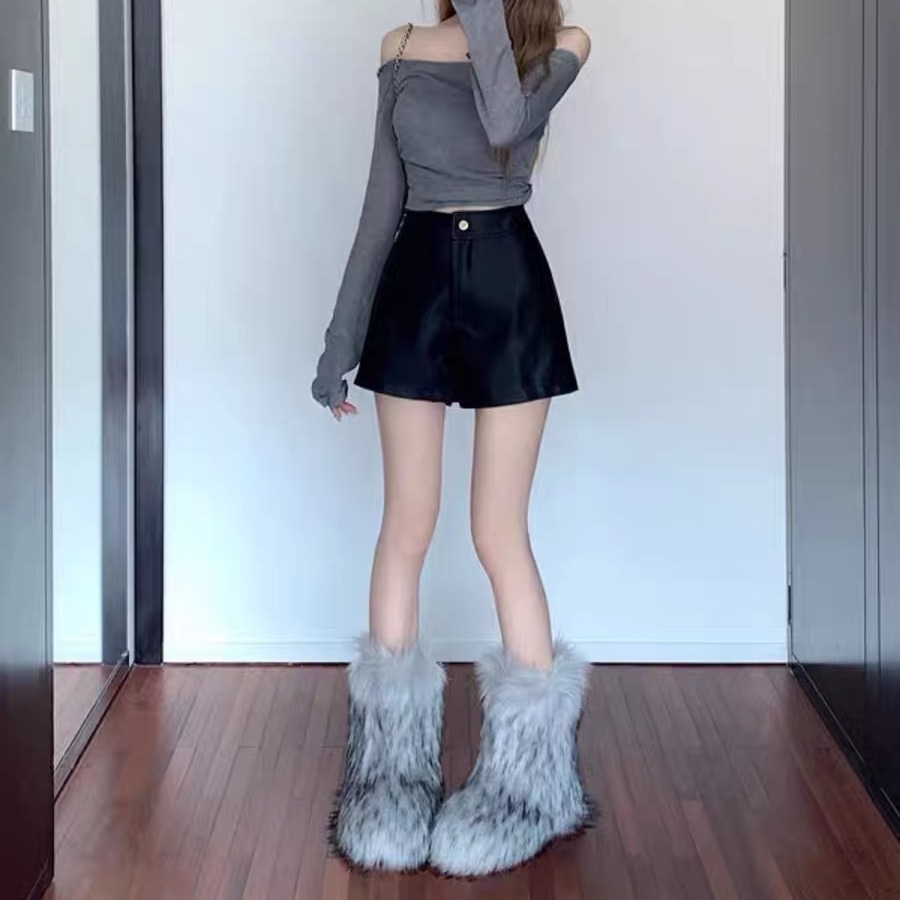 Picture of Black PU leather pants women's autumn and winter hot girl high waist slimming elegant socialite A- line casual wide leg shorts outer wear boot pants