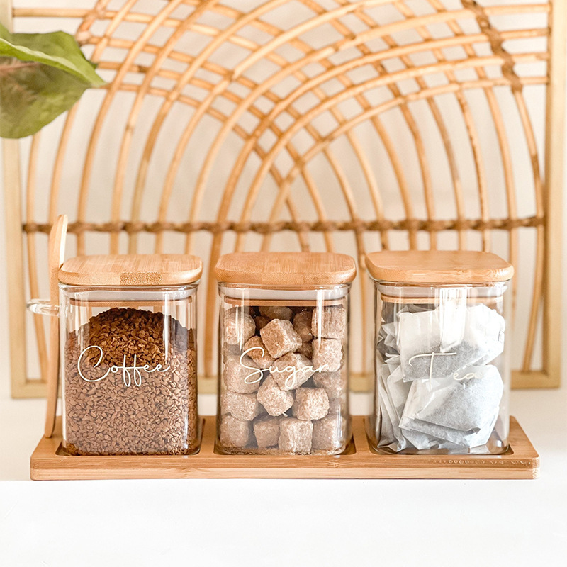 Picture of Light Luxury Kitchen Supplies Seasoning Jar Full Set Household Glass Jar Wooden Spoon Sealed Jar Combination Three-piece Seasoning Bottle
