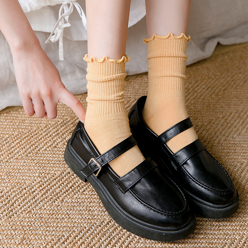 Picture of White lace socks women's mid-calf spring and autumn wooden ear socks ins trendy all-match college style Japanese jk pile socks