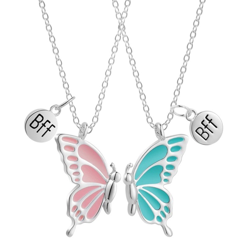 European and American Cross-border wish Butterfly BFF Necklaces New Butterfly Drop Oil Good Friend Necklace