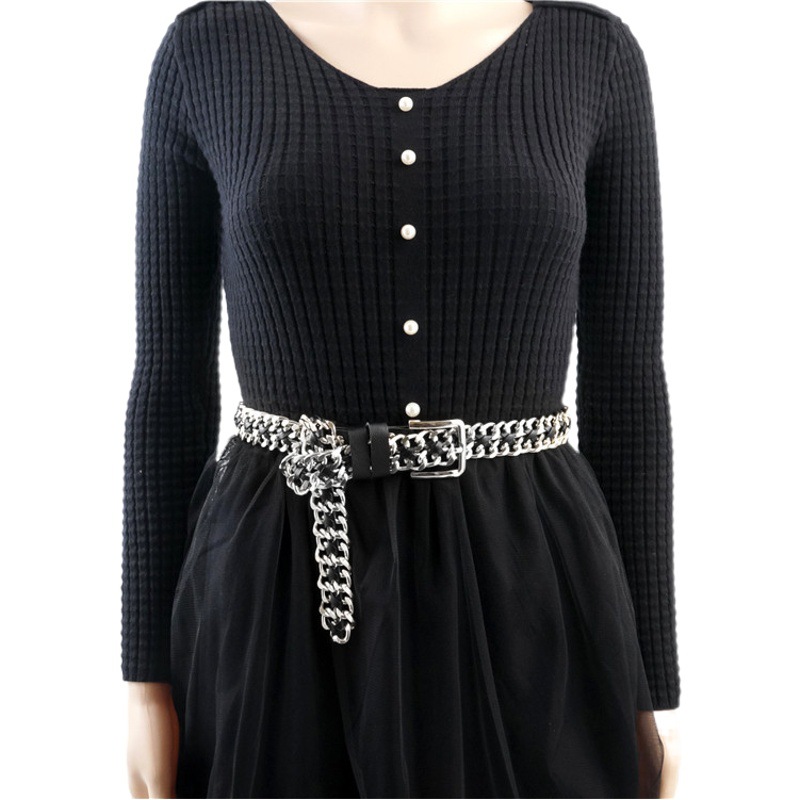 Metal Belt Women's decorative belt stitching belt Golden woven chain black jeans belt punk men and women