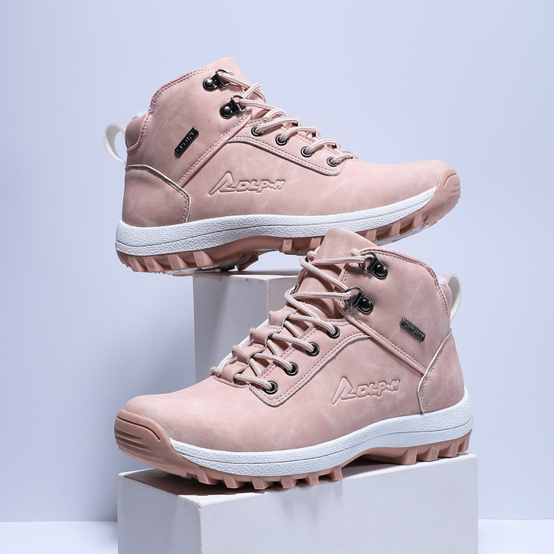 High-Top Fleece-Lined Pink Hiking Shoes Large Size Hiking Shoes for Men and Women Non-Slip Thick Sole Warm Snow Boots Cotton Shoes Wholesale
