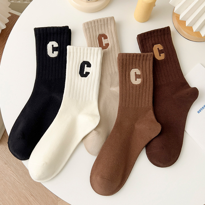 C Letter Socks for Women Autumn and Winter Wholesale Casual Versatile Solid Color Striped Sports Socks Japanese Trendy Mid-Calf Socks
