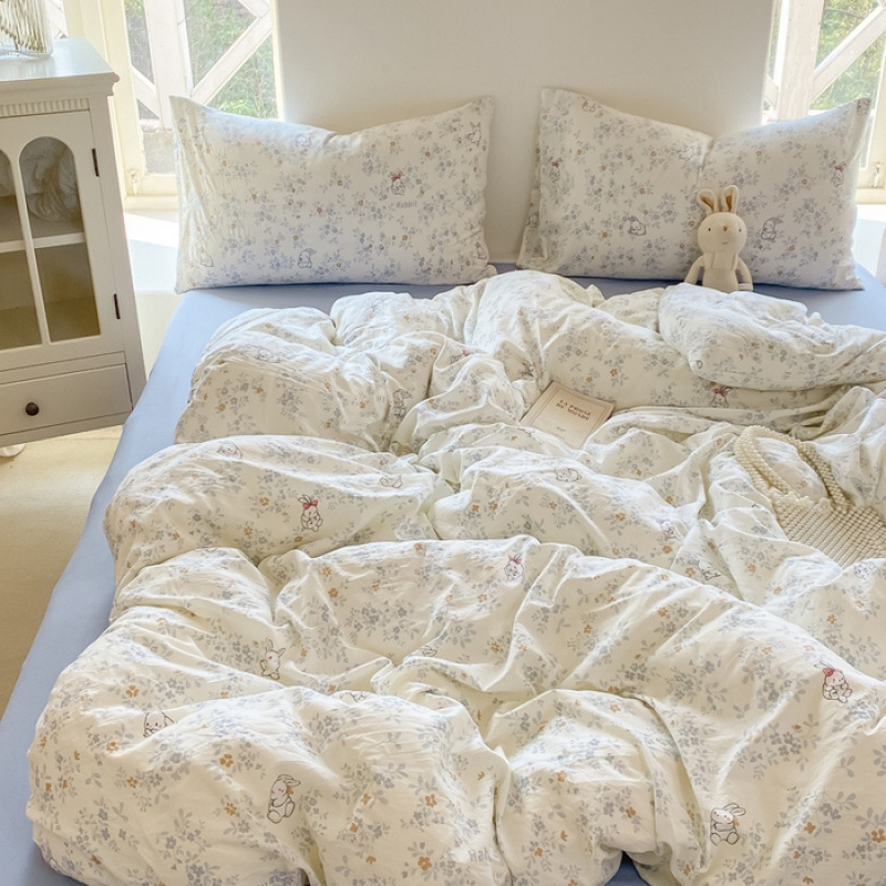 Picture of Mother and infant ins cloud feeling super soft washed wrinkled cotton four-piece set A floral fresh quilt cover dormitory bed sheets three-piece set