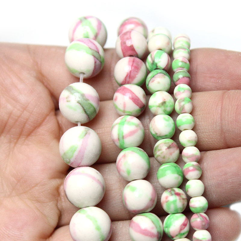Picture of Pink green white rain colored stone round beads diy handmade beaded bracelet jewelry accessories woven material loose beads wholesale