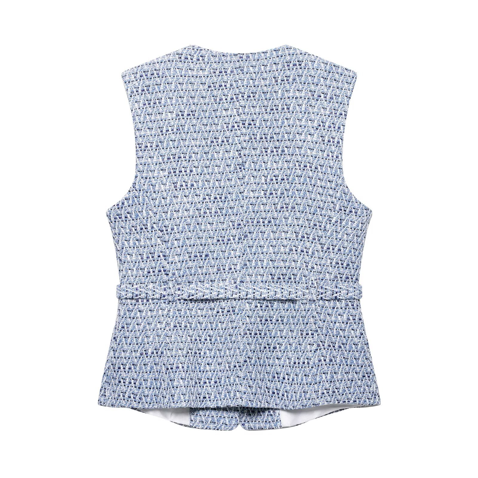 Picture of Women's Blue Woolen Fashion Textured Vest with Belt 2025 Spring New European and American Cross-Border Vest