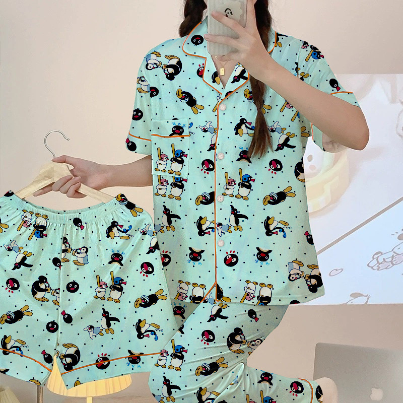 Sweet Girl's Little Penguin Printed Short-sleeved Pajamas Women's Summer New Cardigan Shorts Home Clothes suit Outer Wear