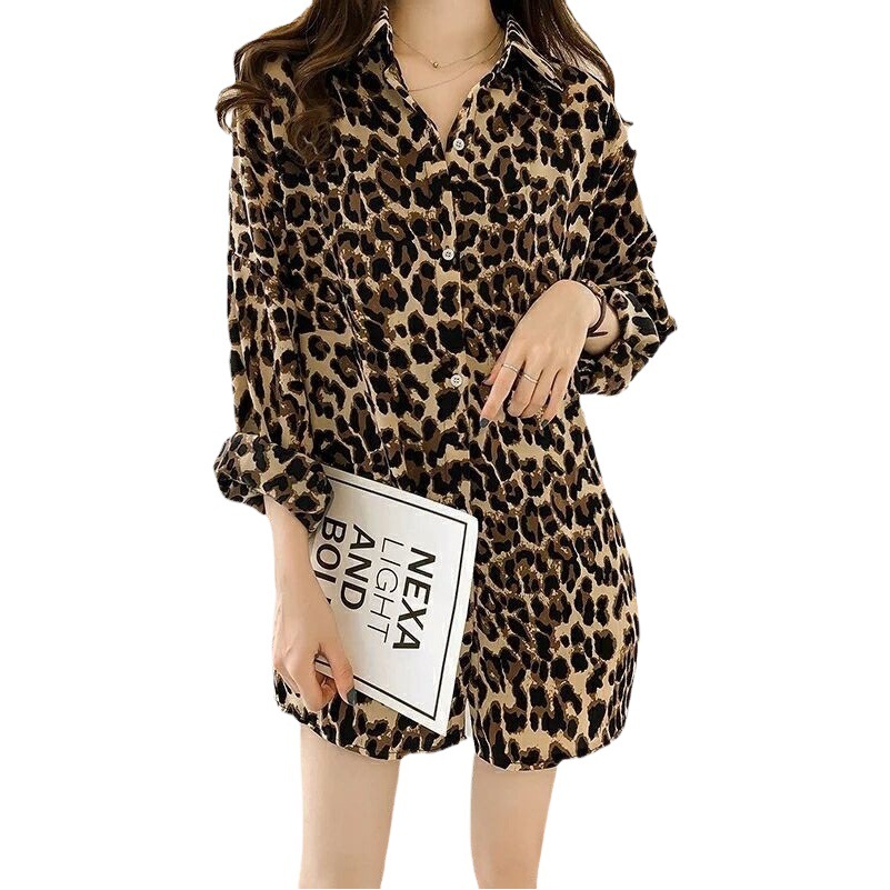 Factory New Fashion Loose Large Size Leopard Print Shirt Women's Long-Sleeved Top Mid-Length Shirt Bottoming Shirt Trbottomy
