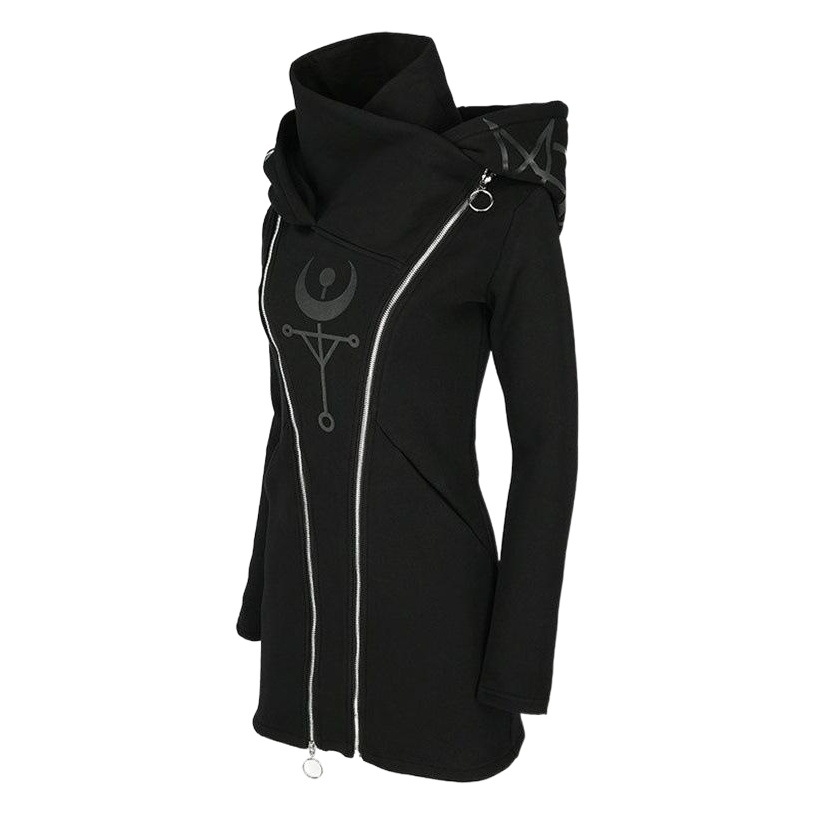Picture of in stock 2019 European and American punk style printed long sleeve hooded double zipper long sweater