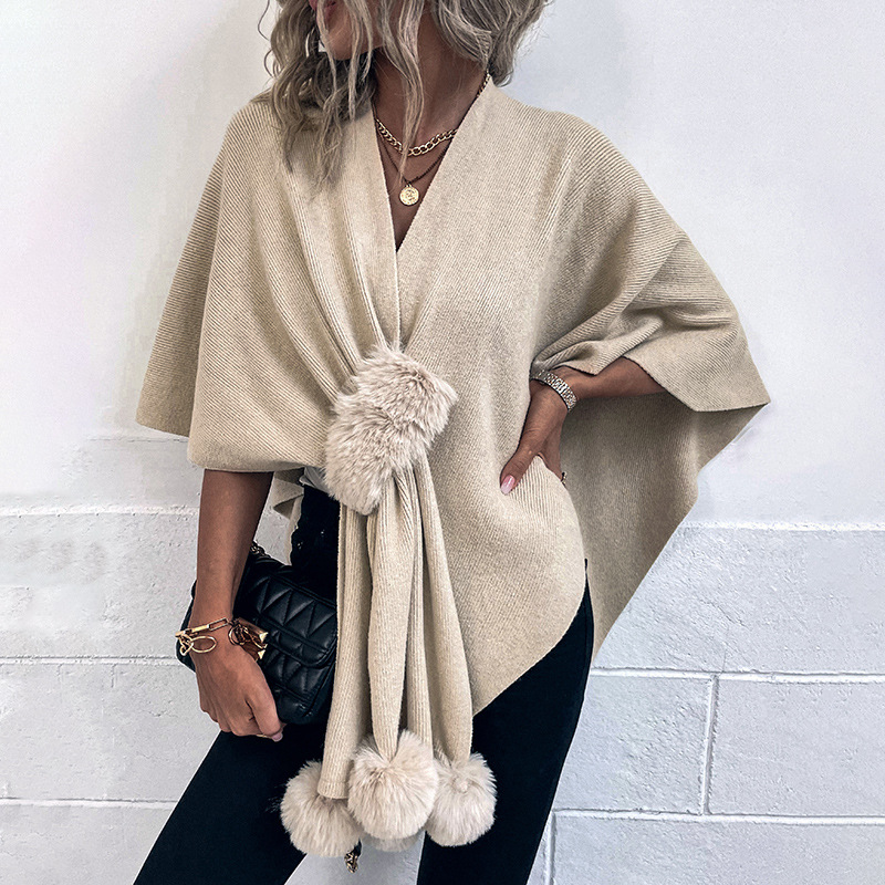 Mao Mao rain solid color wool ball Cape sweater women's 2023 autumn and winter New European and American cross-border Women's shawl knitted cardigan