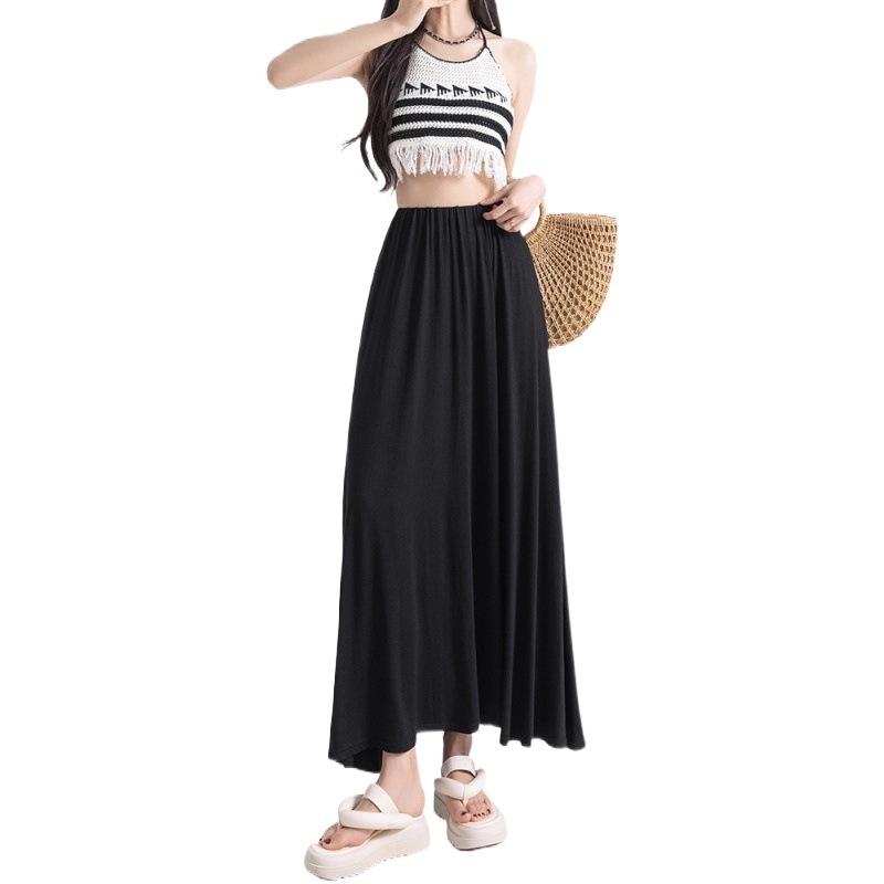Gray soft glutinous skirt women's summer 2024 New elastic high waist mid-length draping large swing dress