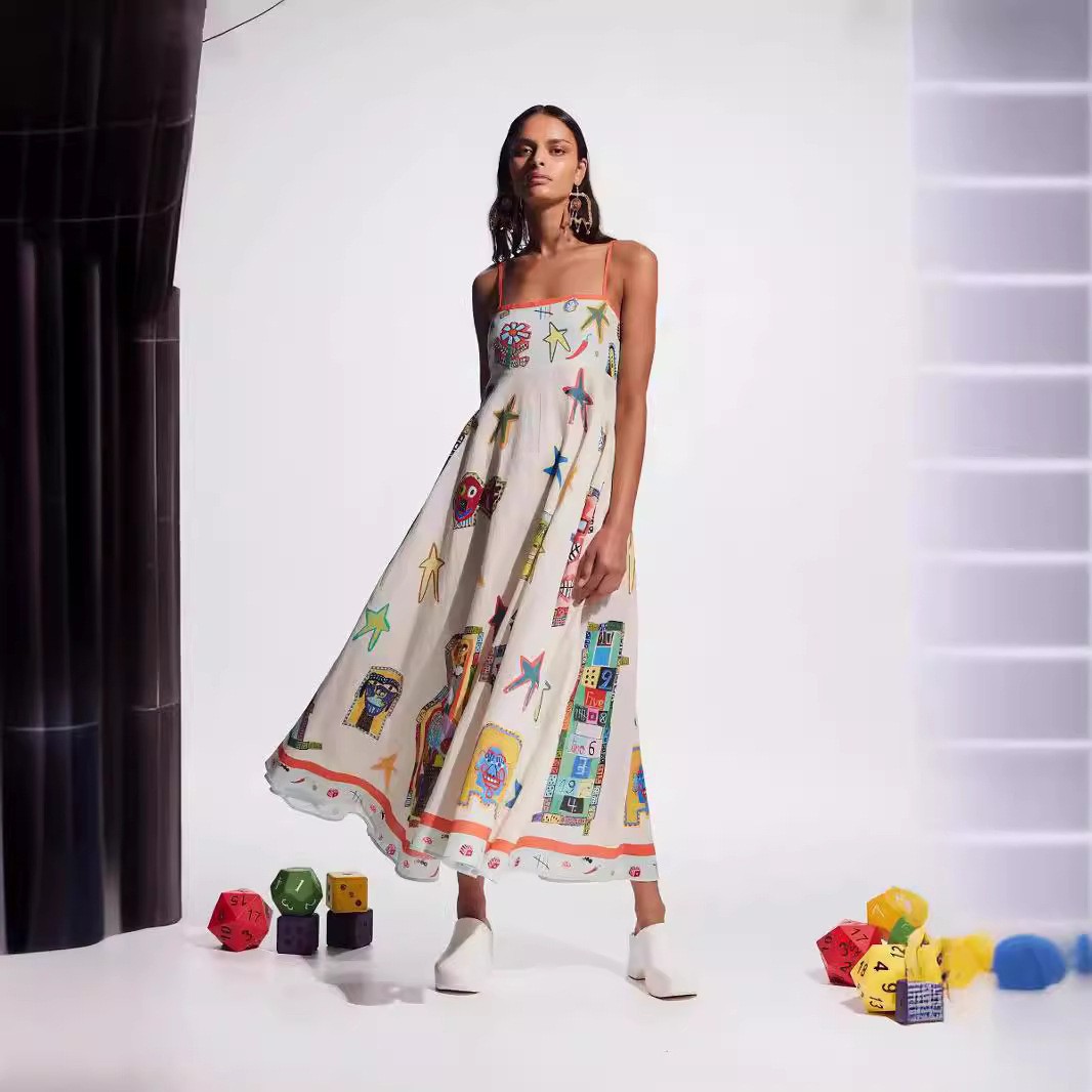 2024 New European and American Cross-border AliExpress Independent Station Sexy Sling Graffiti Cotton and Linen Printed Large dress Women