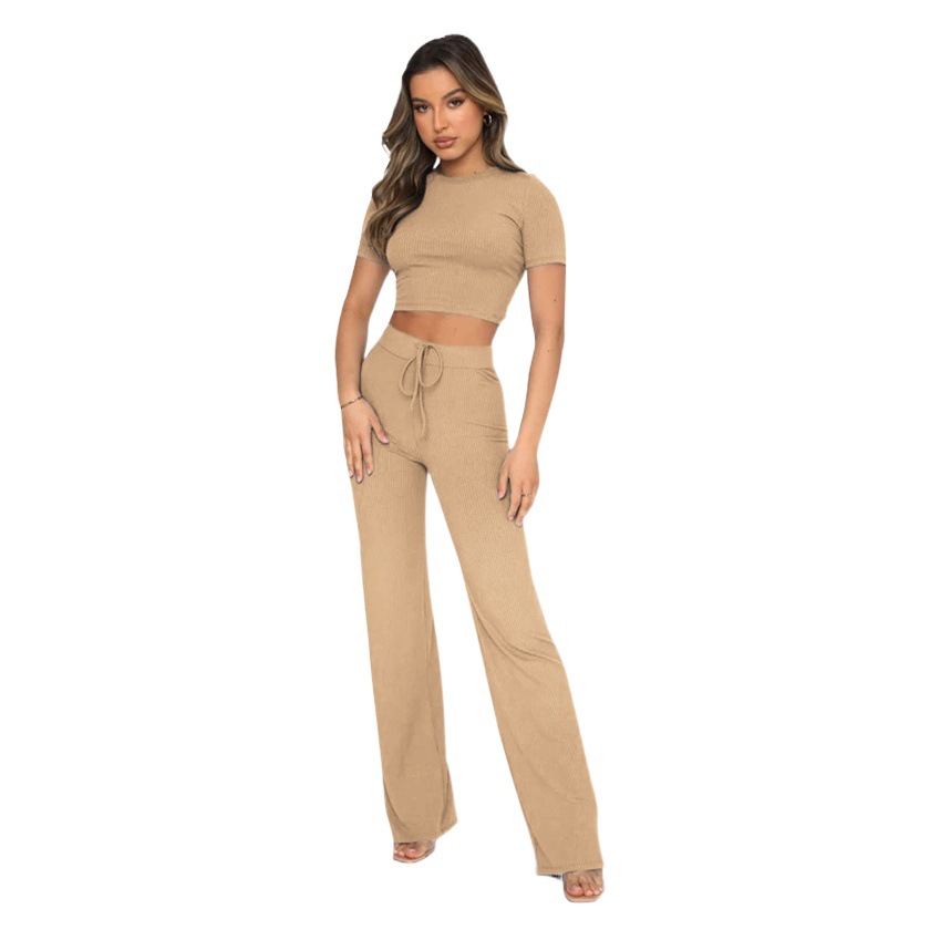 Cross-border European and American New Fashion Casual Suit Women's Solid Color High Elastic Body Shaping Short Sleeve Pit Wide Leg Pants Two-piece Set