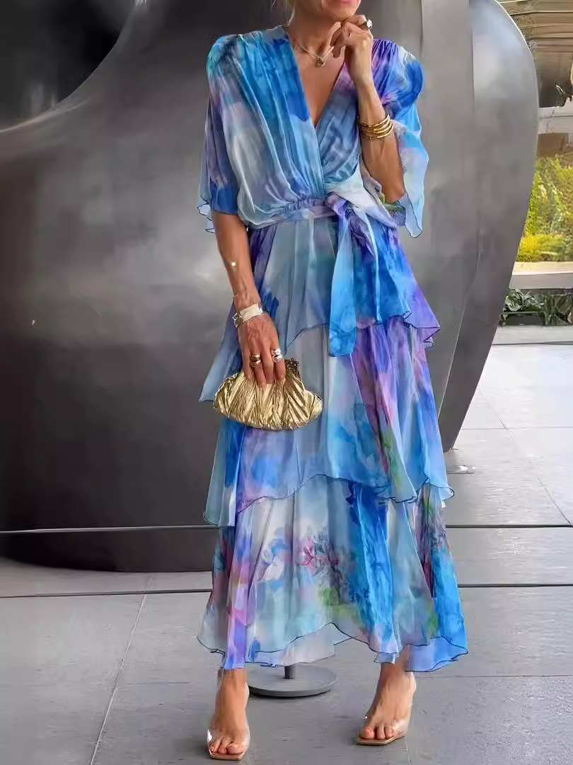 2024 New Cross-Border European and American Amazon Independent Station Printed Layered Dress Fairy Spirit