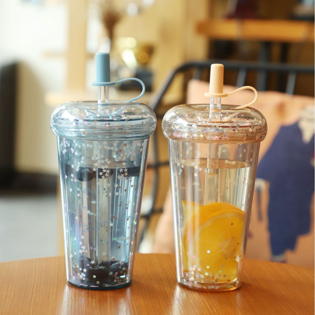 Juice Novel Donut Plastic Water Cup Double-Layer Straw Cup Female Cute Sequin Juice Cup Cartoon Holiday Water Cup