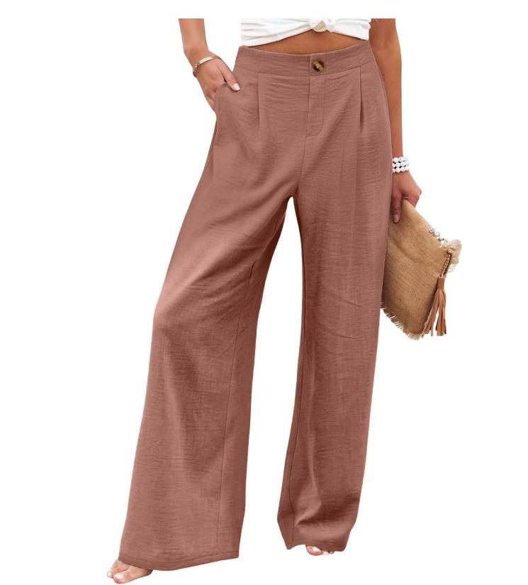 Picture of 2025 Cross-Border Amazon European and American Summer Plaid High Waist Trousers Button Elastic Waist Wide Leg Pants Women's Casual Straight-Leg Pants
