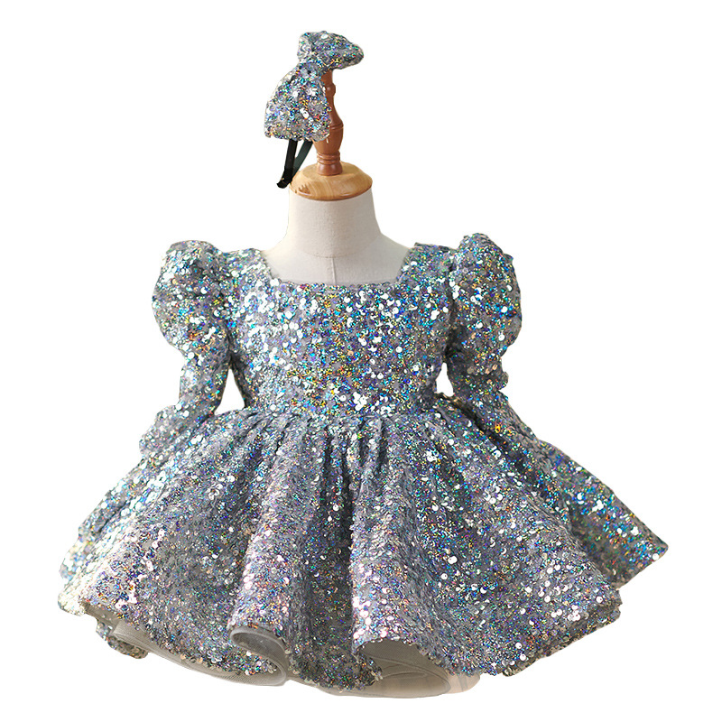 Picture of Girls' silver sequined one-year-old dress 2025 new AliExpress super fairy long sleeve puffy princess dress manufacturers supply