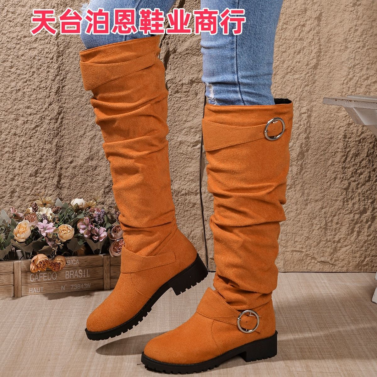 Picture of 2025 Foreign Trade European and American Fashion Autumn/Winter New In-Stock Low Heel Pleated Women's Leather Boots, Western Denim Mid-Calf Women's Boots