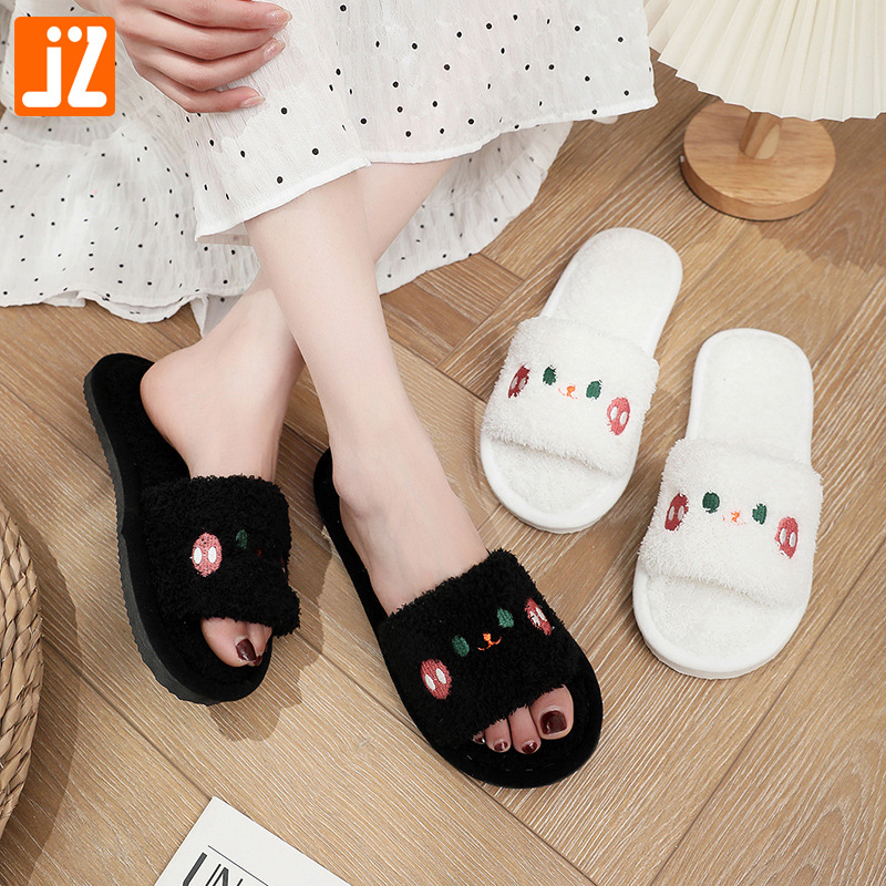 Cross-border wholesale cute embroidered cat opening fashion simple spring and autumn bedroom non-slip open toe couple Mao Mao slippers