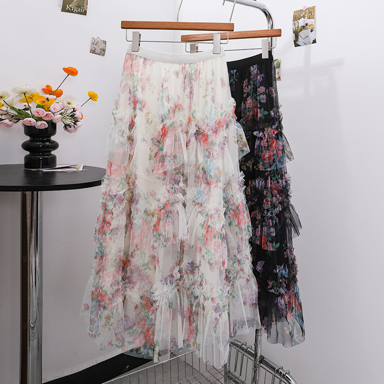 Picture of Fei Yuan High Waist Elaptic A- line Mesh Half Skirt Summer New Style Layered Floral Cake Skirt for Women