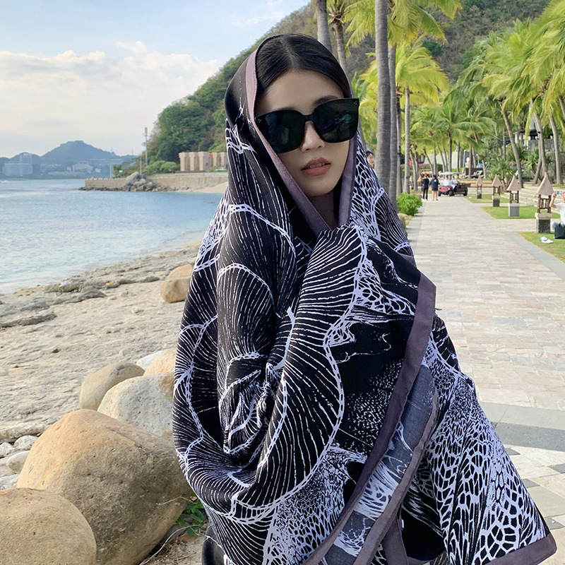 Picture of New black big flower fashion travel photo big shawl summer holiday sunscreen beach towel outside silk scarf