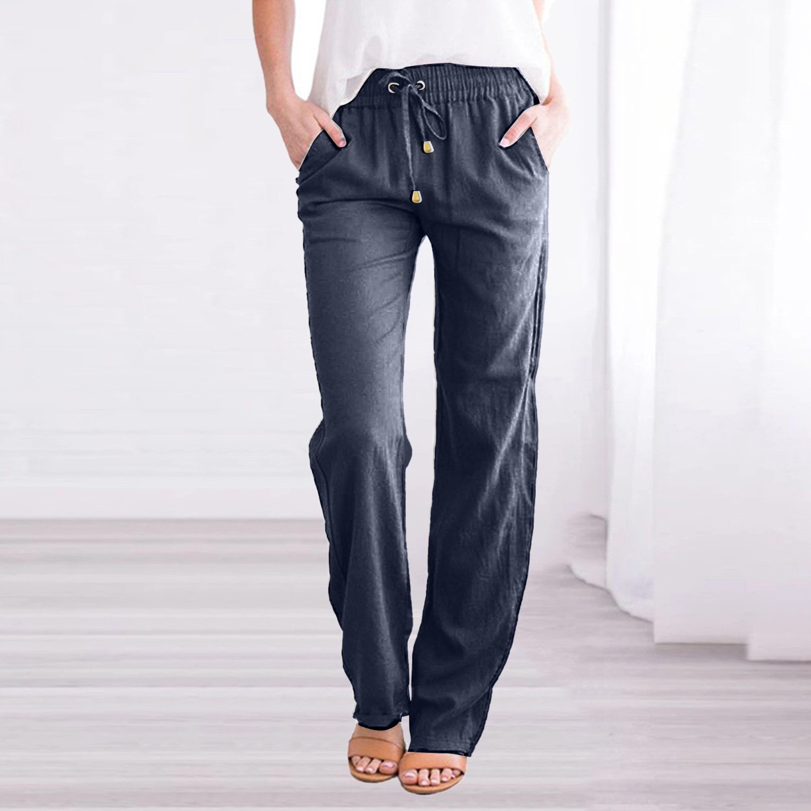 Picture of 2025 Cross-Border Ebay Amazon Wish Spring and Summer New Pure Color Cotton and Linen Loose Drawstring Casual Wide-Leg Pants for Women