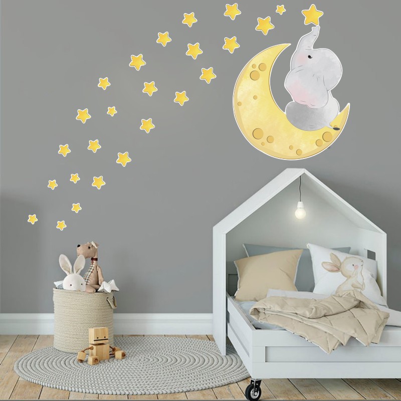 Picture of Amazon cartoon wallpaper elephant star stickers ins creative bedroom decoration wall stickers PVC background wall stickers