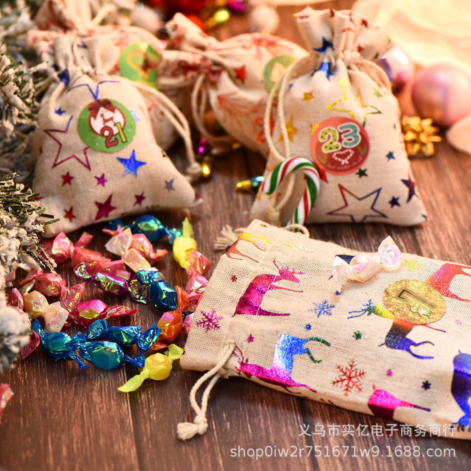Picture of 2024 New Christmas Bronzing Gift Bag Set Linen Drawstring Pocket Christmas Countdown Calendar Bag